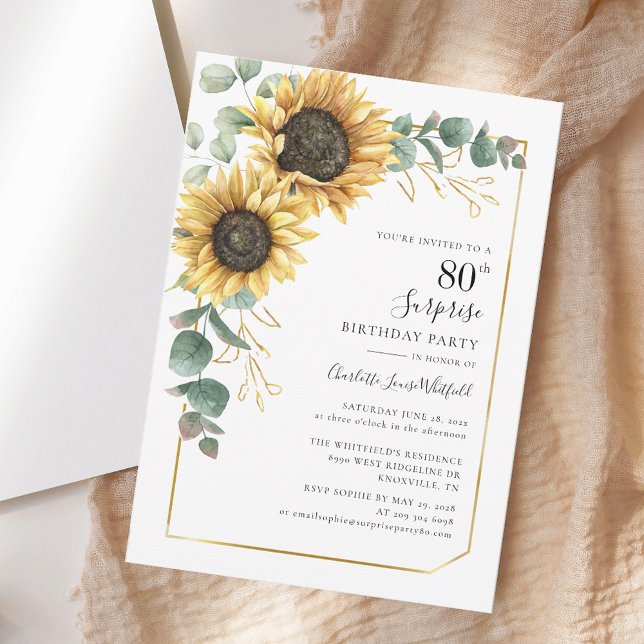 Blommigt Eucalyptus Solros Surprise 80:e födelseda Inbjudningar (Floral Eucalyptus Sunflower Surprise 80th Birthday Invitation)