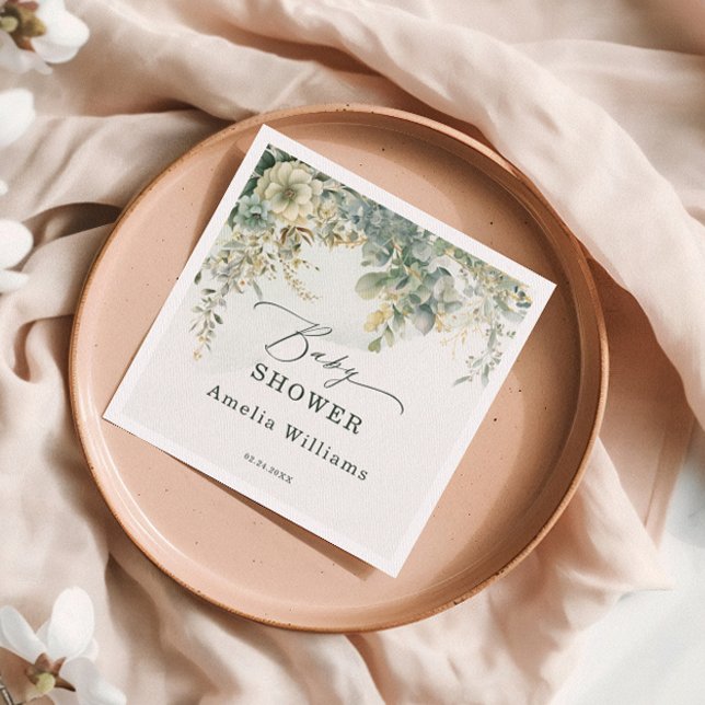 Blommigt Eucalyptus Watercolor Grönt Guld Pappersservett (Skapare uppladdad)