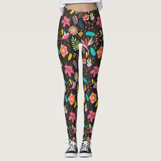 Blommigt Exotic Flowers Löv Mönster-23760 Leggings (Framsida)