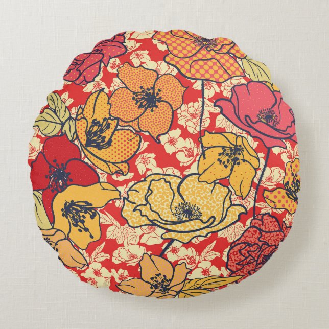Blommigt Explosion: Sömlös Vintage Trend. Rund Kudde (Framsidan)