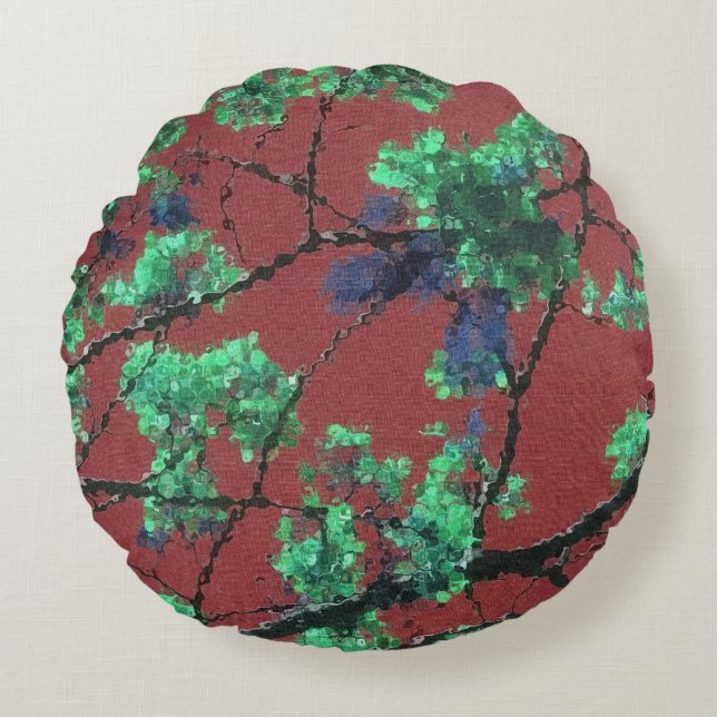 Blommigt Fabric, Red Rund Kudde (Framsidan)