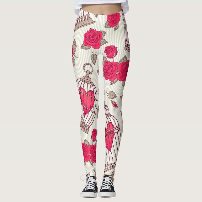 Blommigt Fågelburar Ro Mönster Leggings (Framsida)