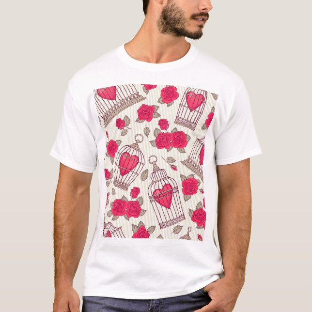 Blommigt Fågelburar Ro Mönster T Shirt (Framsida)