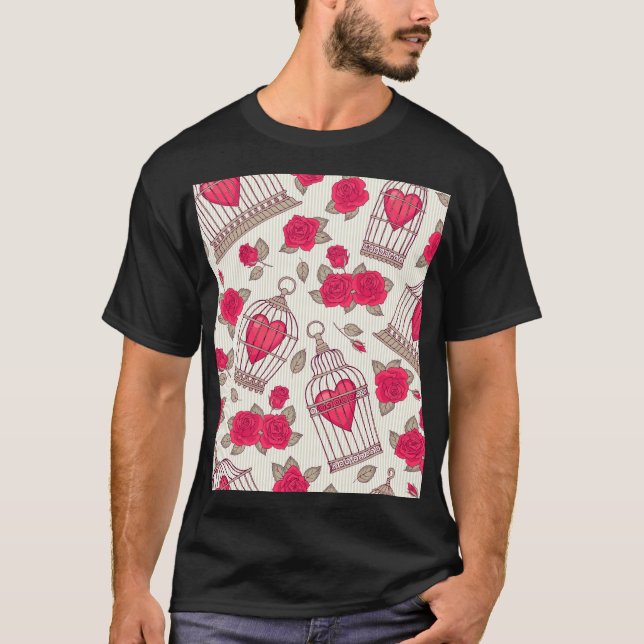 Blommigt Fågelburar Ro Mönster T Shirt (Framsida)