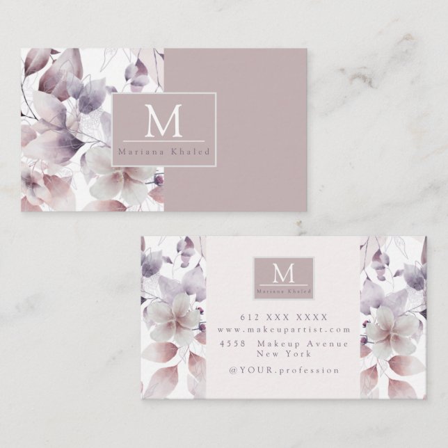 Blommigt Fågelns Lila och vita natur, monogram nam Visitkort (Fram/baksida)