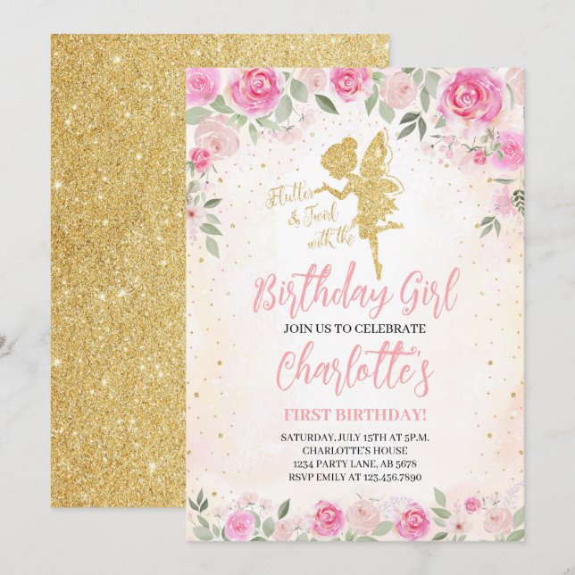 Blommigt Fairy Birthday Guld Glitter Inbjudningar (Fram/baksida)