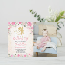 Blommigt Fairy Birthday Guld Glitter Photo Inbjudningar