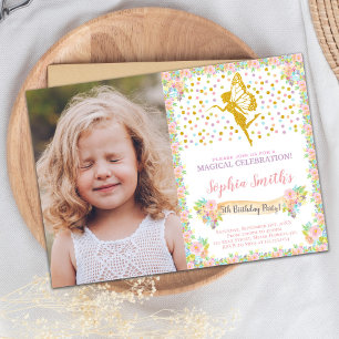 Blommigt Fairy Birthday-inbjudan med foto Inbjudningar