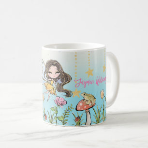Blommigt Fairy Brown Hair Girl Custom Name Kids Mu Kaffemugg