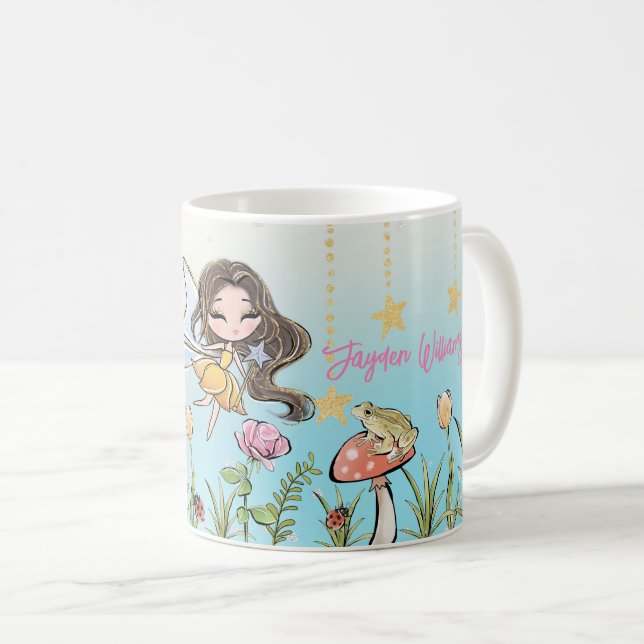 Blommigt Fairy Brown Hair Girl Custom Name Kids Mu Kaffemugg (Framsida höger)