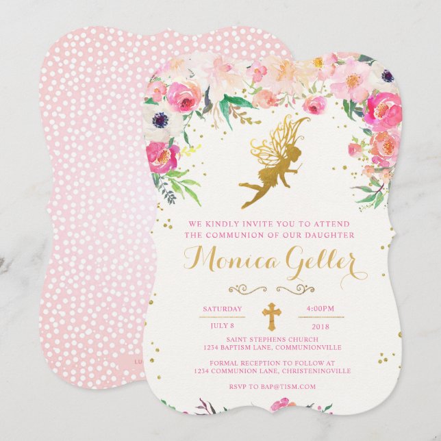 Blommigt Fairy First Heliga Communion-inbjudan Inbjudningar (Fram/baksida)