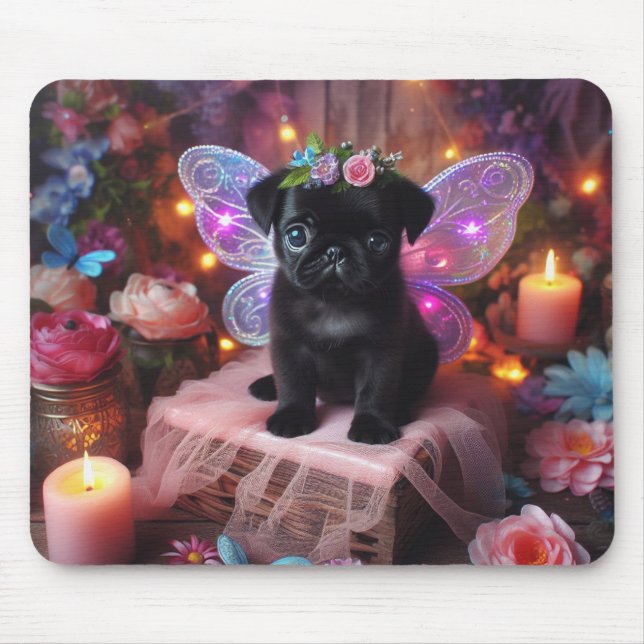 Blommigt Fairy Pug Mouse Pad Musmatta (Framsidan)