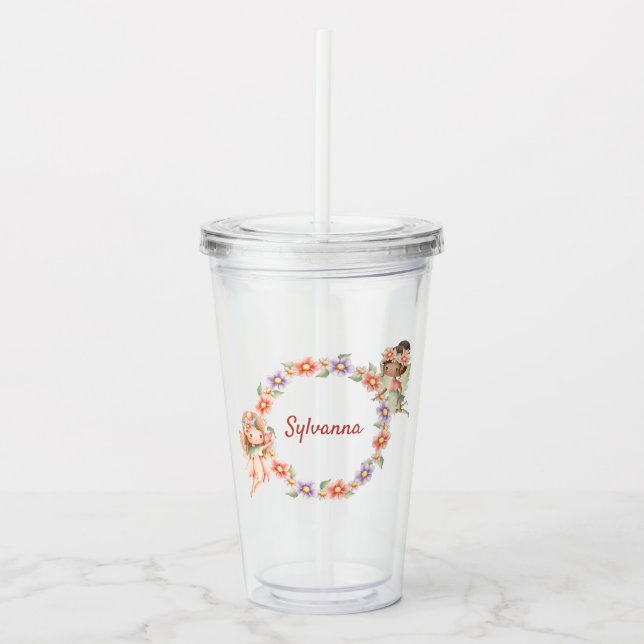 Blommigt Fairy Tumbler med eget namn Take Away Mugg (Framsida)