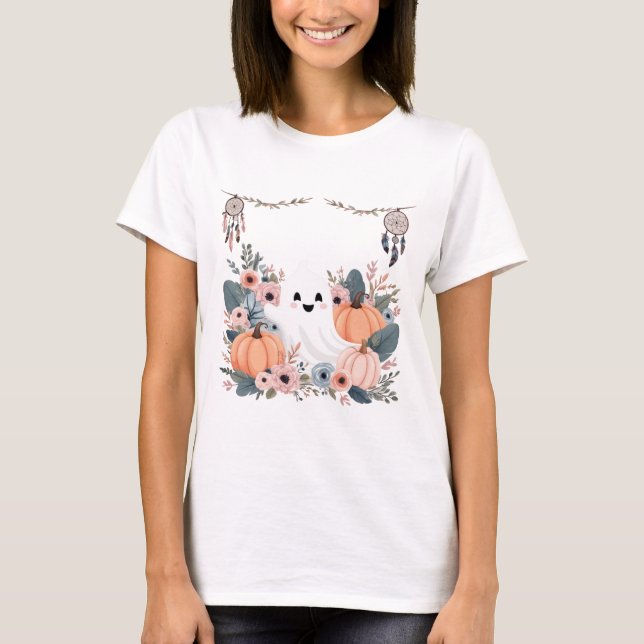 Blommigt Fall Halloween T Shirt (Framsida)