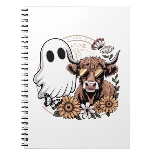 Blommigt Fall Highland Cow Ghost Anteckningsbok (Framsidan)