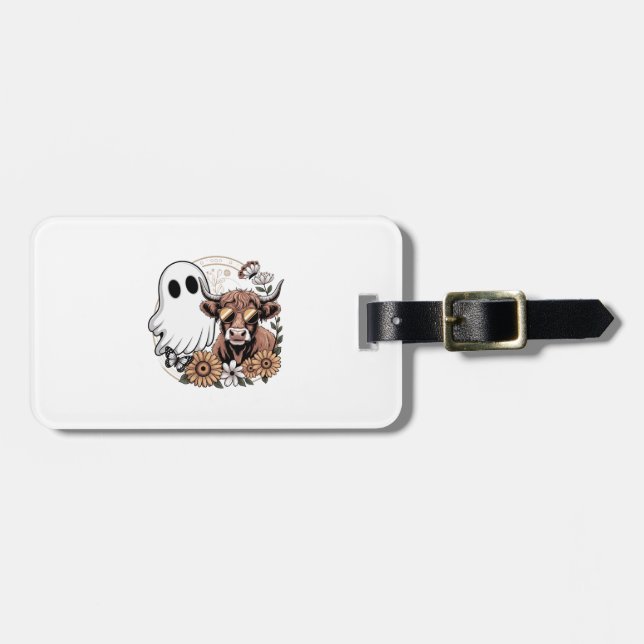 Blommigt Fall Highland Cow Ghost Bagagebricka (Horisontell Framsida)