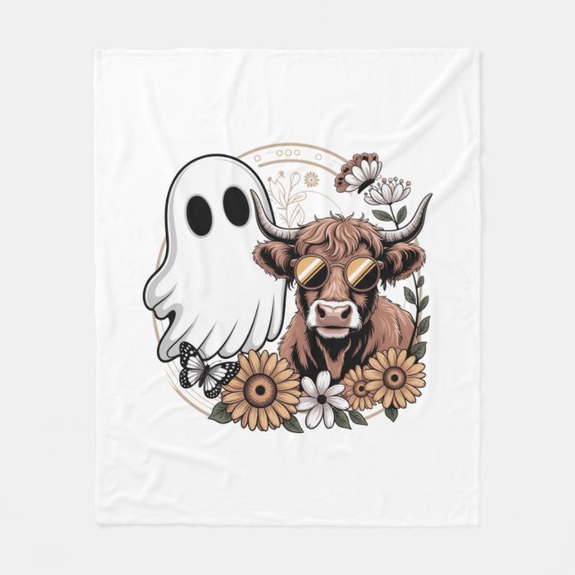 Blommigt Fall Highland Cow Ghost Fleecefilt (Framsidan)