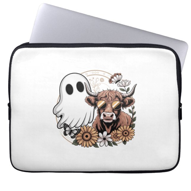 Blommigt Fall Highland Cow Ghost Laptop Fodral (Framsidan)