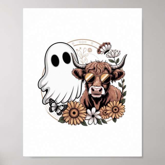 Blommigt Fall Highland Cow Ghost Poster (Framsidan)