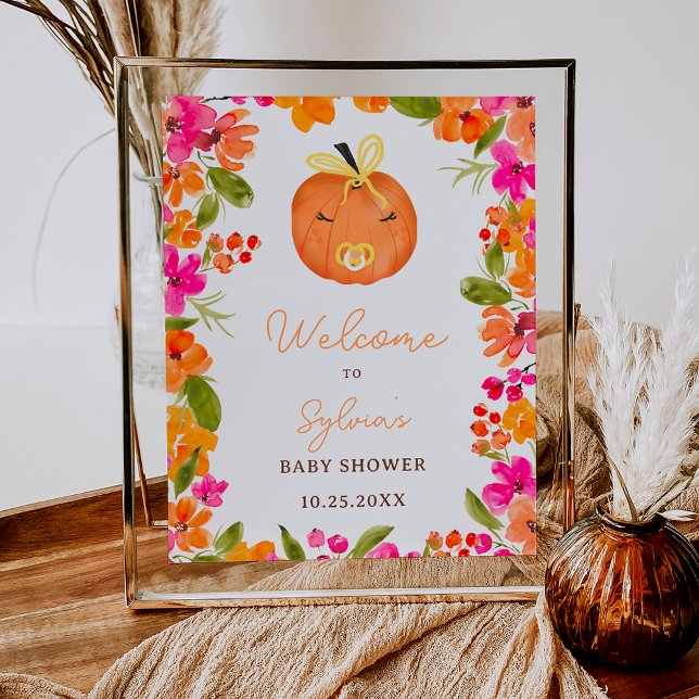 Blommigt Fall, lilla pumpa, välkomstdusch för barn Poster (Floral Fall little pumpkin welcome baby shower Poster)