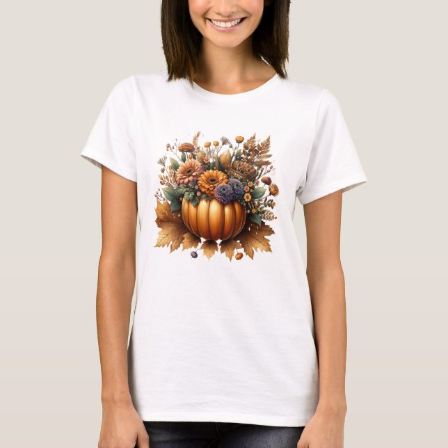 Blommigt Fall Pumpkin Centerpart med höstblomma T Shirt (Framsida)