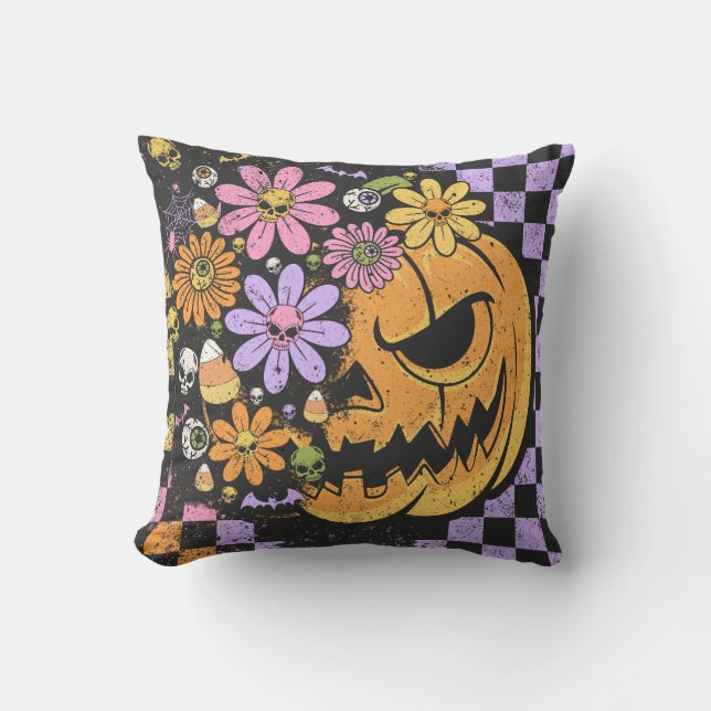 Blommigt Fall Pumpkin Halloween Kudde (Framsida)