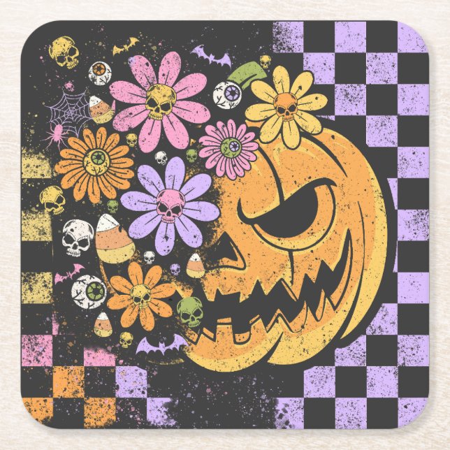 Blommigt Fall Pumpkin Halloween Underlägg Papper Kvadrat (Framsidan)
