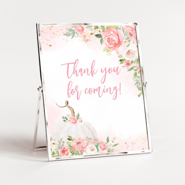 Blommigt Fall Pumpkin-Tack för inkommande Poster (Pink Pumpkin Baby Shower Thank You for Coming Sign)