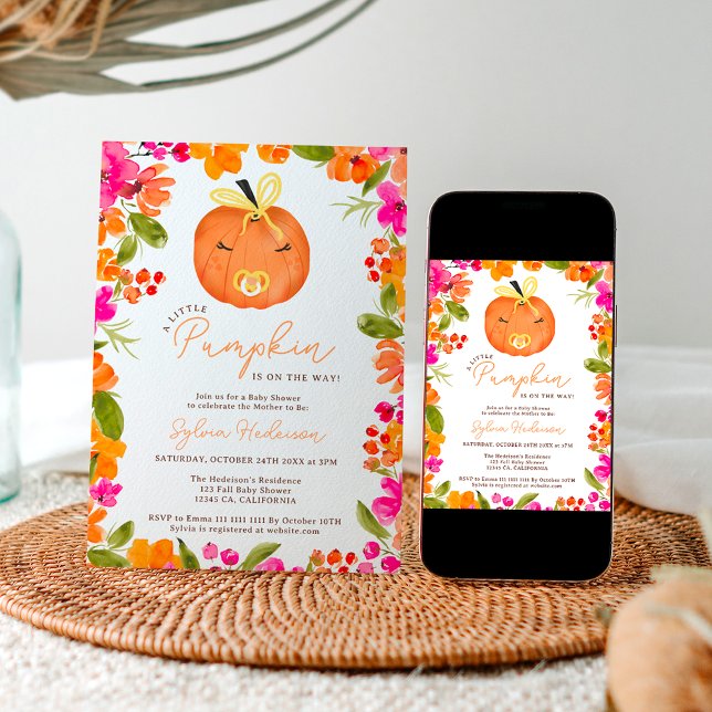 Blommigt Fall söt liten pumpravdusch Inbjudningar (Floral Fall cute little pumpkin baby shower Invitation)