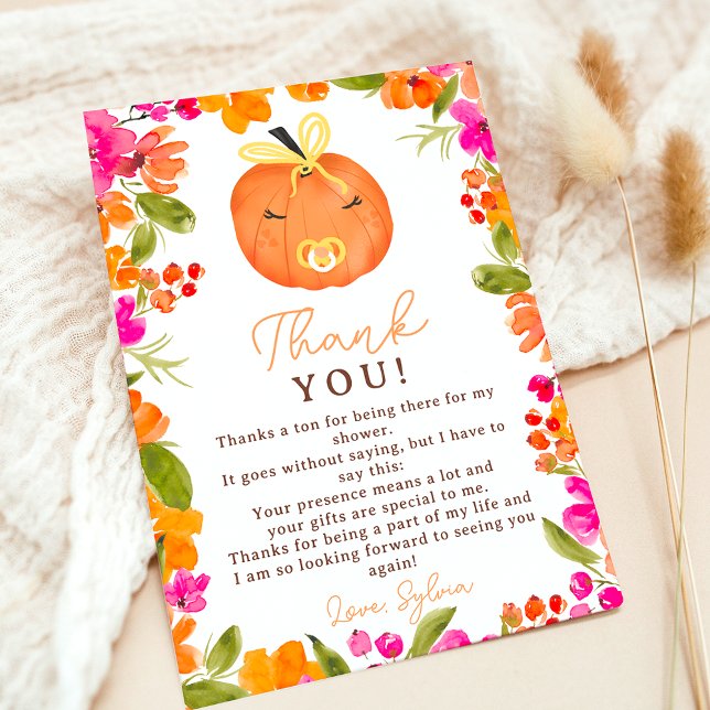Blommigt Fall söt liten pumpravdusch Tack Kort (Floral Fall cute little pumpkin baby shower Thank You Card)