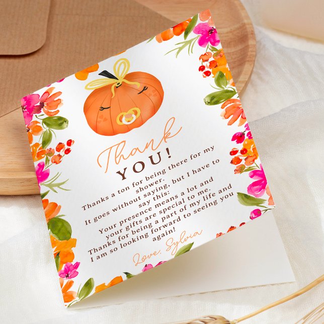 Blommigt Fall söt liten pumpravdusch Tack Kort (Floral Fall cute little pumpkin baby shower Thank You Card)