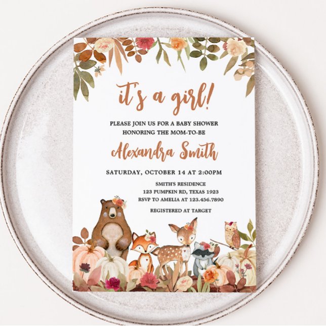 Blommigt Fall Woodland Baby Shower Inbjudningar (Pumpkin Floral Woodland Animals Baby Shower)