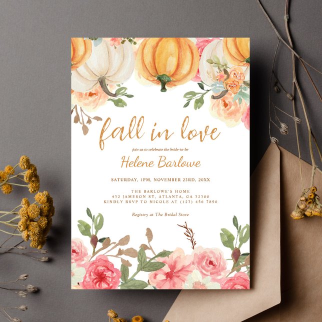 Blommigt faller i Kärlek Pumpkin-Möhippa Inbjudningar (Floral Fall In Love Pumpkin Bridal Shower Invitation)