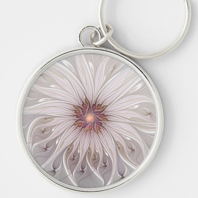 Blommigt Fantasy, Abstrakt Modern Pastel Flower Rund Silverfärgad Nyckelring (Framsidan)