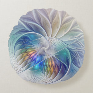 Blommigt Fantasy, färglös Abstrakt Fractal Flowe Rund Kudde