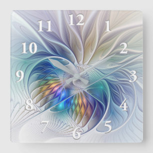 Blommigt Fantasy, färglös Abstrakt Fractal Flower Fyrkantig Klocka