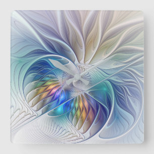 Blommigt Fantasy, färglös Abstrakt Fractal Flower Fyrkantig Klocka