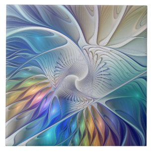 Blommigt Fantasy, färglös Abstrakt Fractal Flower Kakelplatta