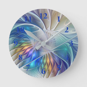 Blommigt Fantasy, färglös Abstrakt Fractal Flower Rund Klocka