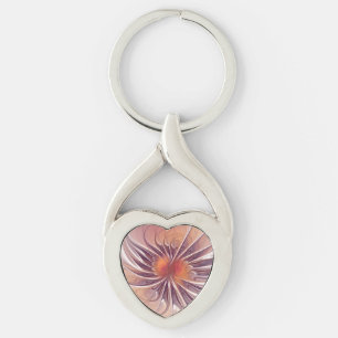Blommigt Fantasy, färglös Abstrakt Fractal Flower. Twisted Heart Silverfärgad Nyckelring