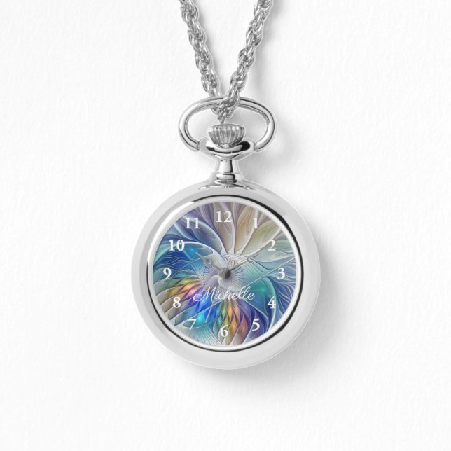 Blommigt Fantasy, färglös Abstrakt Fractal Own Nam Armbandsur (Framsida)