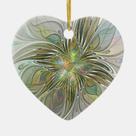 Blommigt Fantasy Fractal Art Flower med Guld Heart Julgransprydnad Keramik