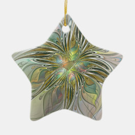 Blommigt Fantasy Fractal Art Flower med Guld Star Julgransprydnad Keramik