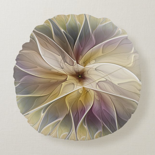 Blommigt Fantasy Guld Eggplant Abstrakt Fractal Ar Rund Kudde (Framsidan)