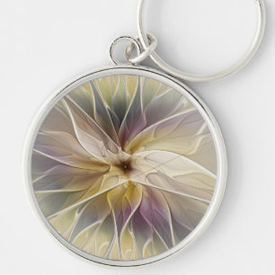 Blommigt Fantasy Guld Eggplant Abstrakt Fractal Ar Rund Silverfärgad Nyckelring