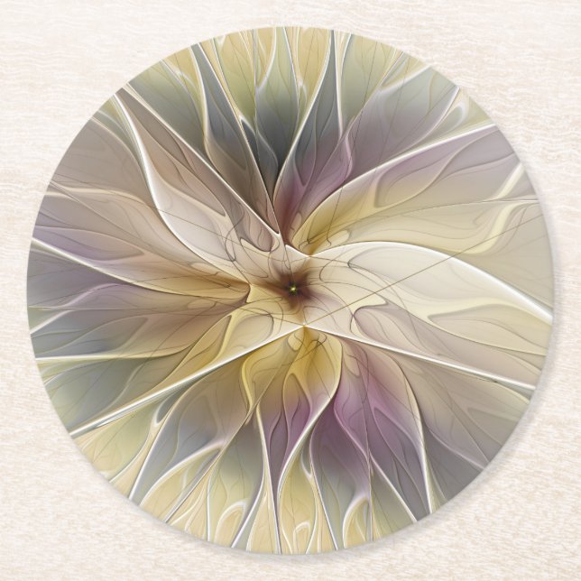 Blommigt Fantasy Guld Eggplant Abstrakt Fractal Ar Underlägg Papper Rund (Framsidan)