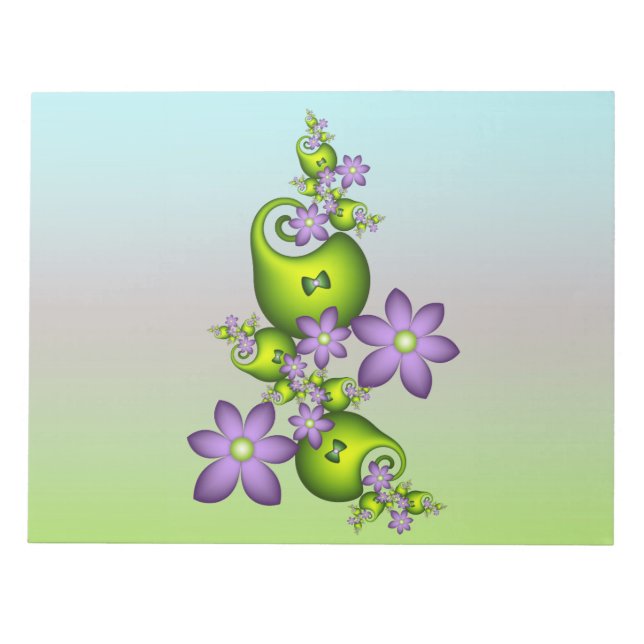 Blommigt Fantasy Lilac Flowers Grönt Shapes Fracta Anteckningsblock (Framsida)