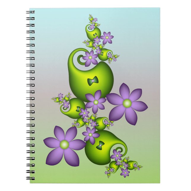 Blommigt Fantasy Lilac Flowers Grönt Shapes Fracta Anteckningsbok (Framsidan)