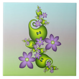 Blommigt Fantasy Lilac Flowers Grönt Shapes Fracta Kakelplatta