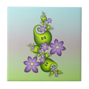 Blommigt Fantasy Lilac Flowers Grönt Shapes Fracta Kakelplatta